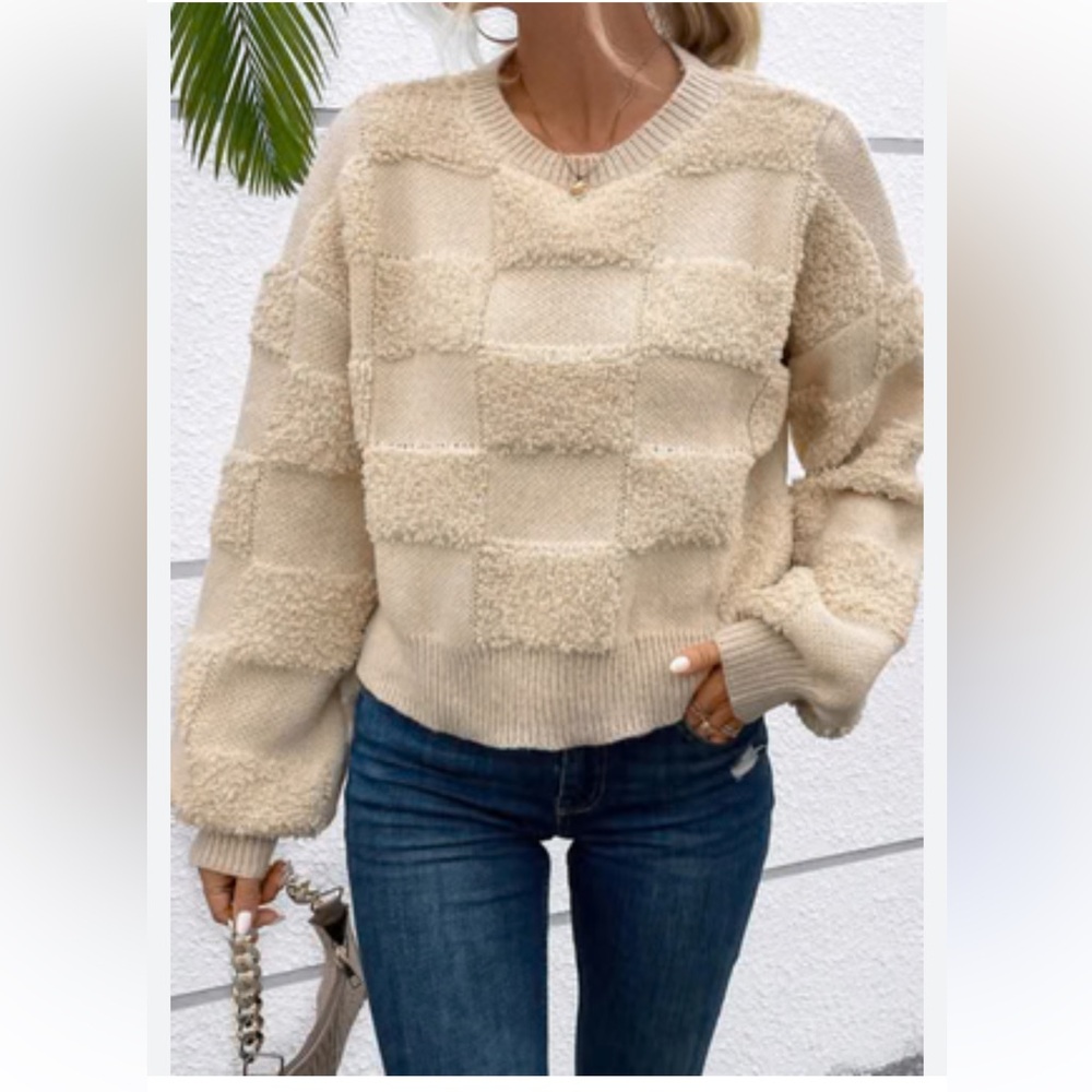 North End Lizard Thicket Taupe Checkered Sherpa Sweater